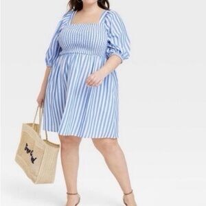 Ava & Viv Blue Striped Square-Neck Puff Sleeve Dress